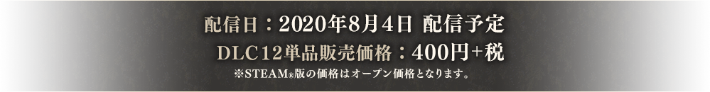 配信日:2020年8月4日 配信予定 DLC12単品販売価格:400円+税